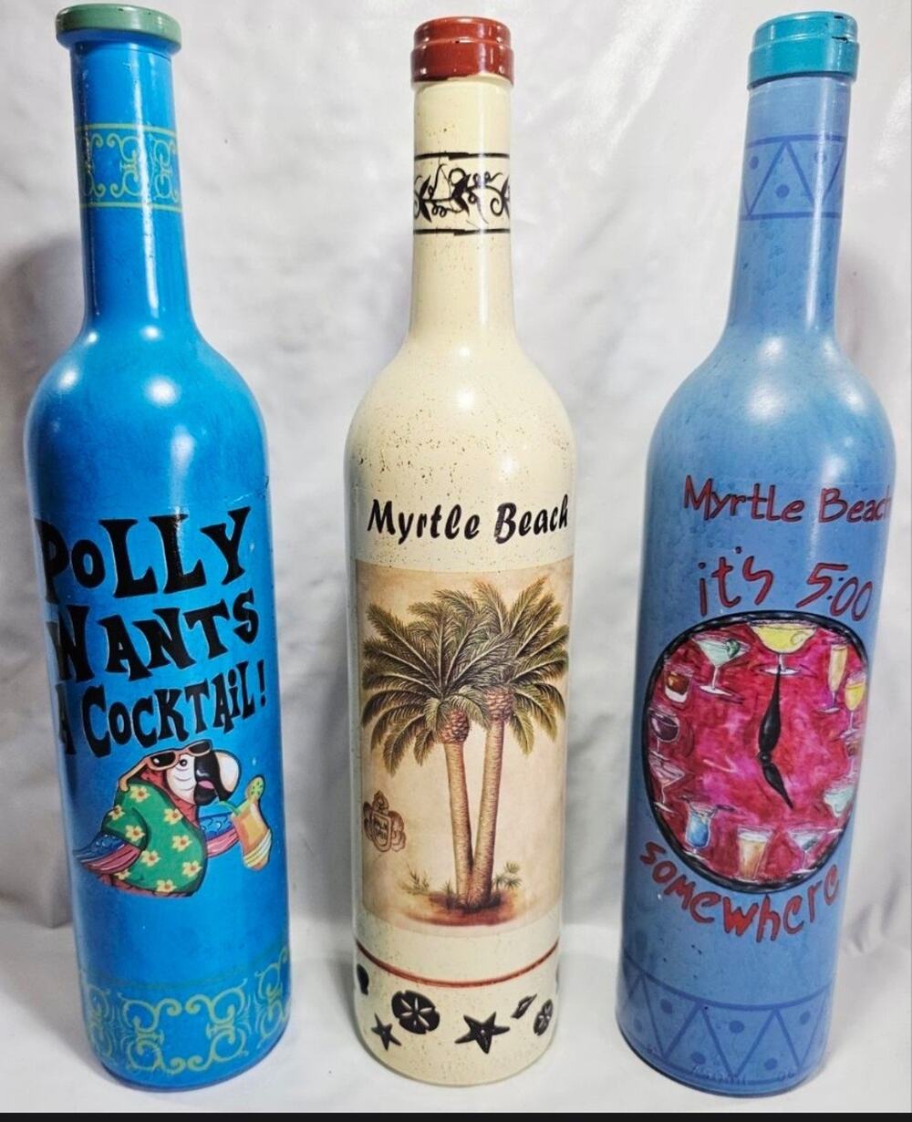 Set Of 3 Hand Painted MytLEBeach Parrott Head Decorative Glass Bottles/Stem Vase